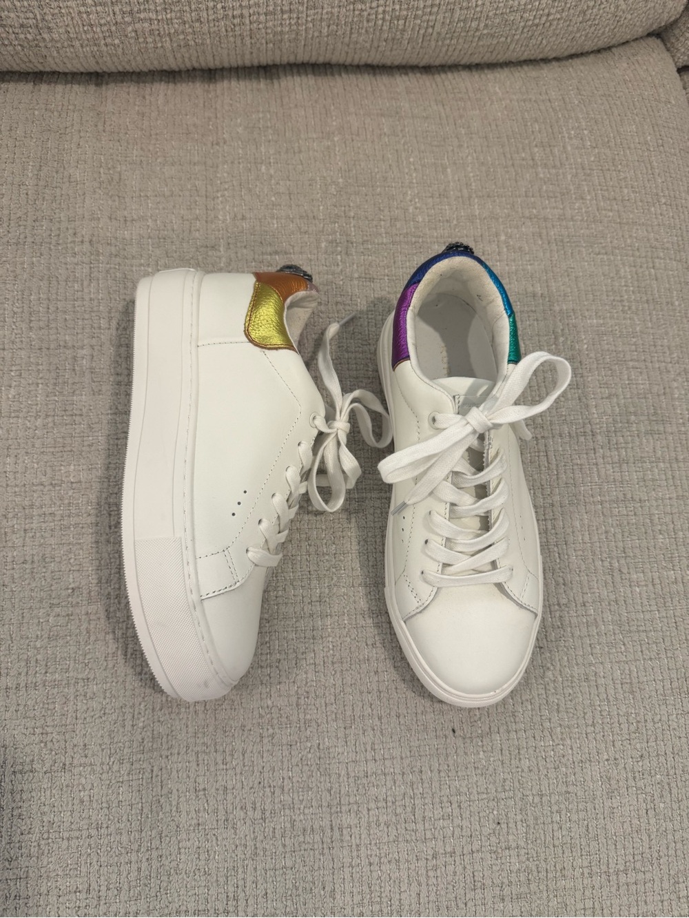 Kurt Geiger White Leather Sneakers with Rainbow Heel Tabs